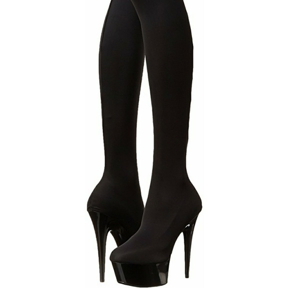 black stretch lycra thigh high boots